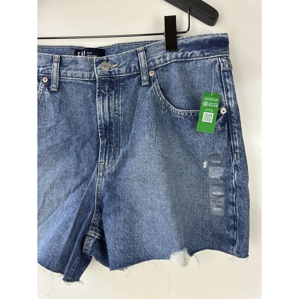 NWT GAP High Rise Destructed Stride Shorts Blue Denim Jean Distressed Size 16 33 - Picture 4 of 10